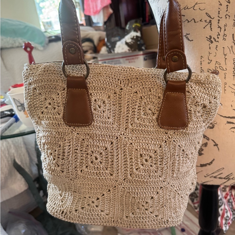 Cream and Brown Crochet Tote with Geometric Pattern